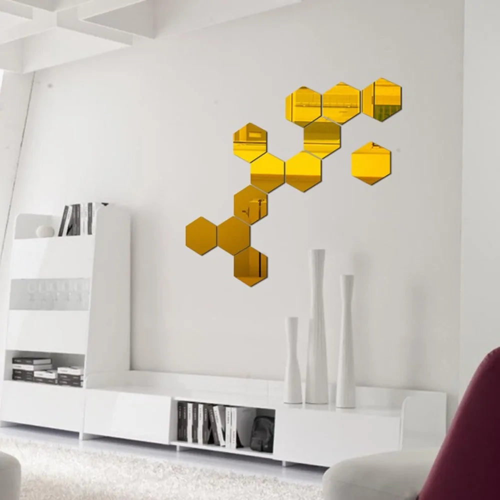 12-Piece Hexagon 3D Mirror Wall Sticker